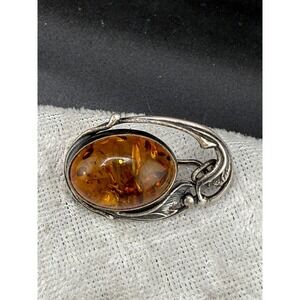Vintage Amber Brooch Art Nouveau 925 Sterling Silver Signed